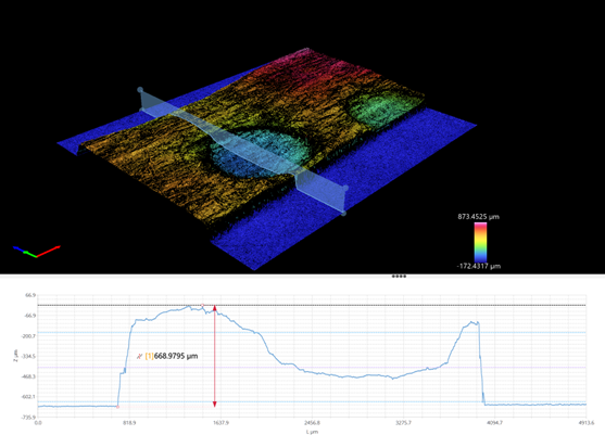 Bargain brand stitched 3D scan with profile line showing thickness measurements